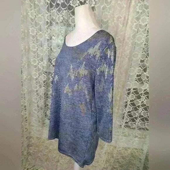 PECK & PECK  Sheer Light Blue Metallic Gold Top Size L - Picture 5 of 11